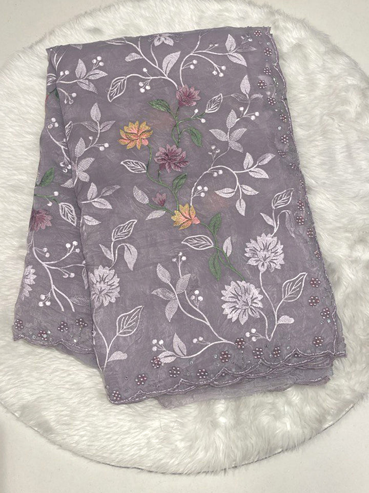 Space Silk Saree in Lavender with Full Thread Work Floral Vine Embroidery and Moti Cut-Work Border.