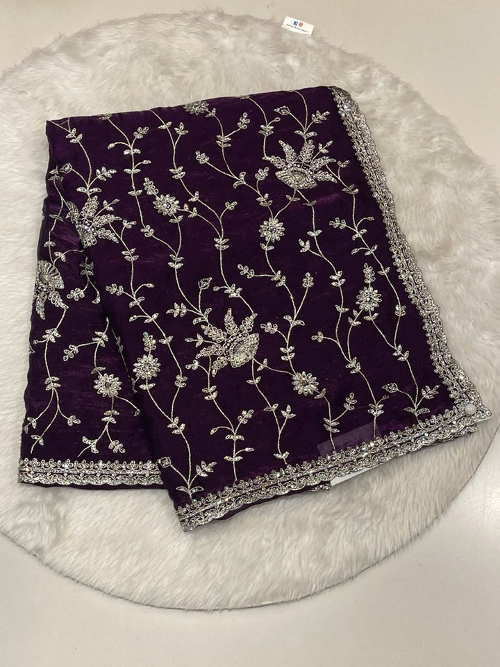 Deep Purple Space Silk Saree with silver antique floral embroidery and scalloped cutwork border