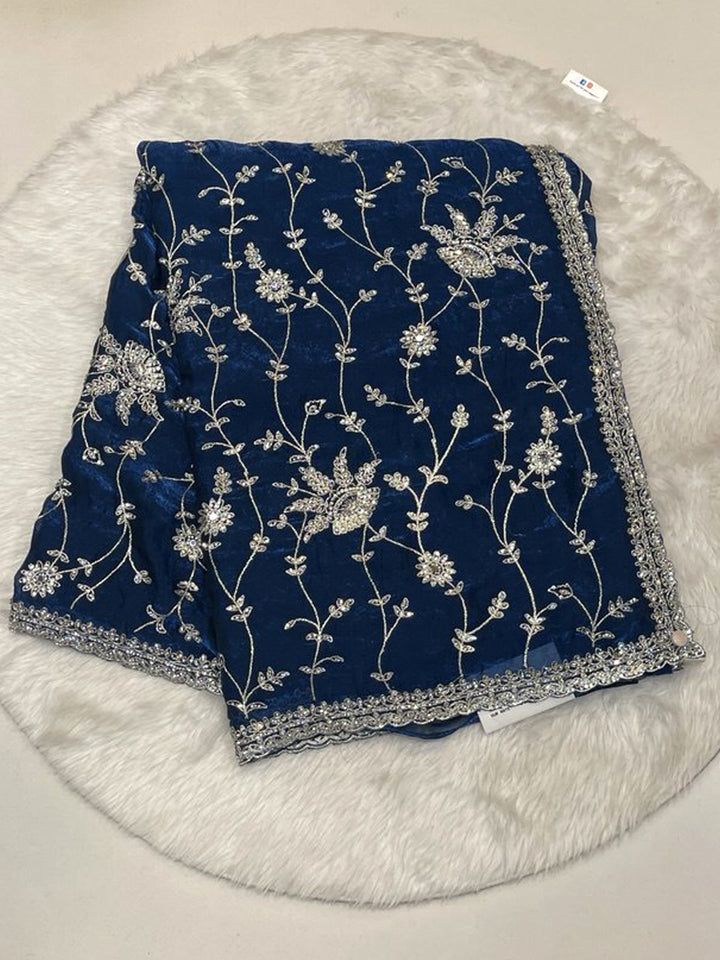 Royal Blue Space Silk Saree with premium silver antique embroidery and trendy cutwork border