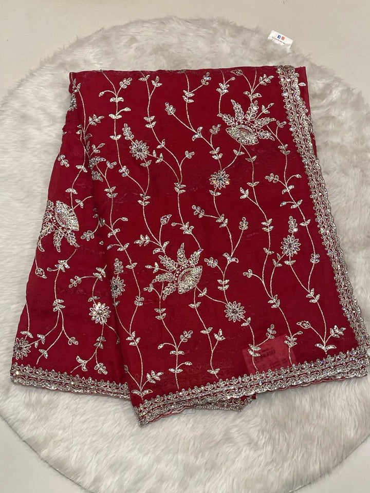Ruby Red Space Silk Party Wear Saree with silver vine embroidery and stone embellished cutwork border