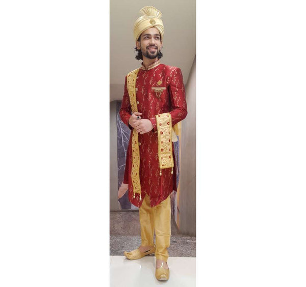 Red Color Partywear Traditional Sherwani Set