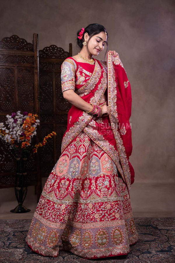 RED COLOR FLORAL EMBROIDERED WORK BRIDAL HALF SAREE