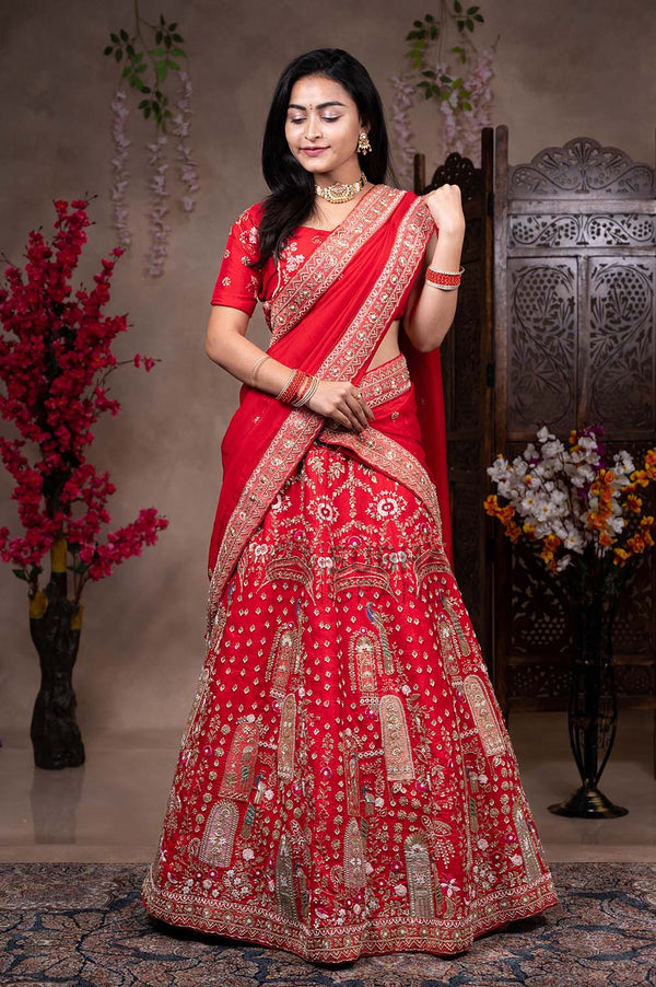 FLORAL EMBROIDERED RED COLOR HALF SAREE